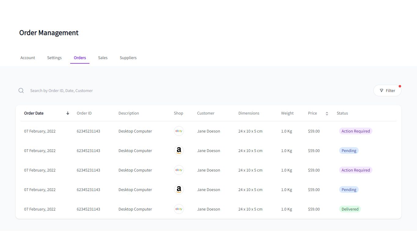Responsive Order Management Table Tailwind Component