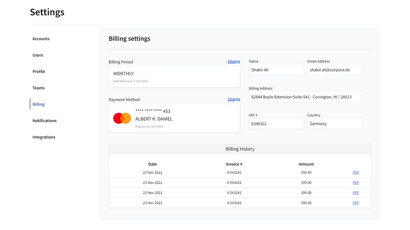 Settings Page - Billing Tailwind Component
